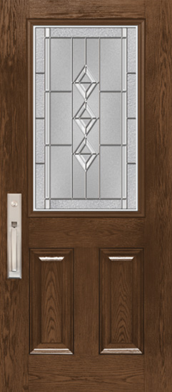 Isolated image of an Embarq 430 fiberglass entry door with Truffle stain and decorative glass