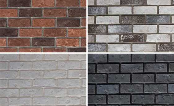 {Square image showing equal squares of each of ProVia's thin brick manufactured stone colors, including Boston, Cobblestone, Delaware, and Midnight}