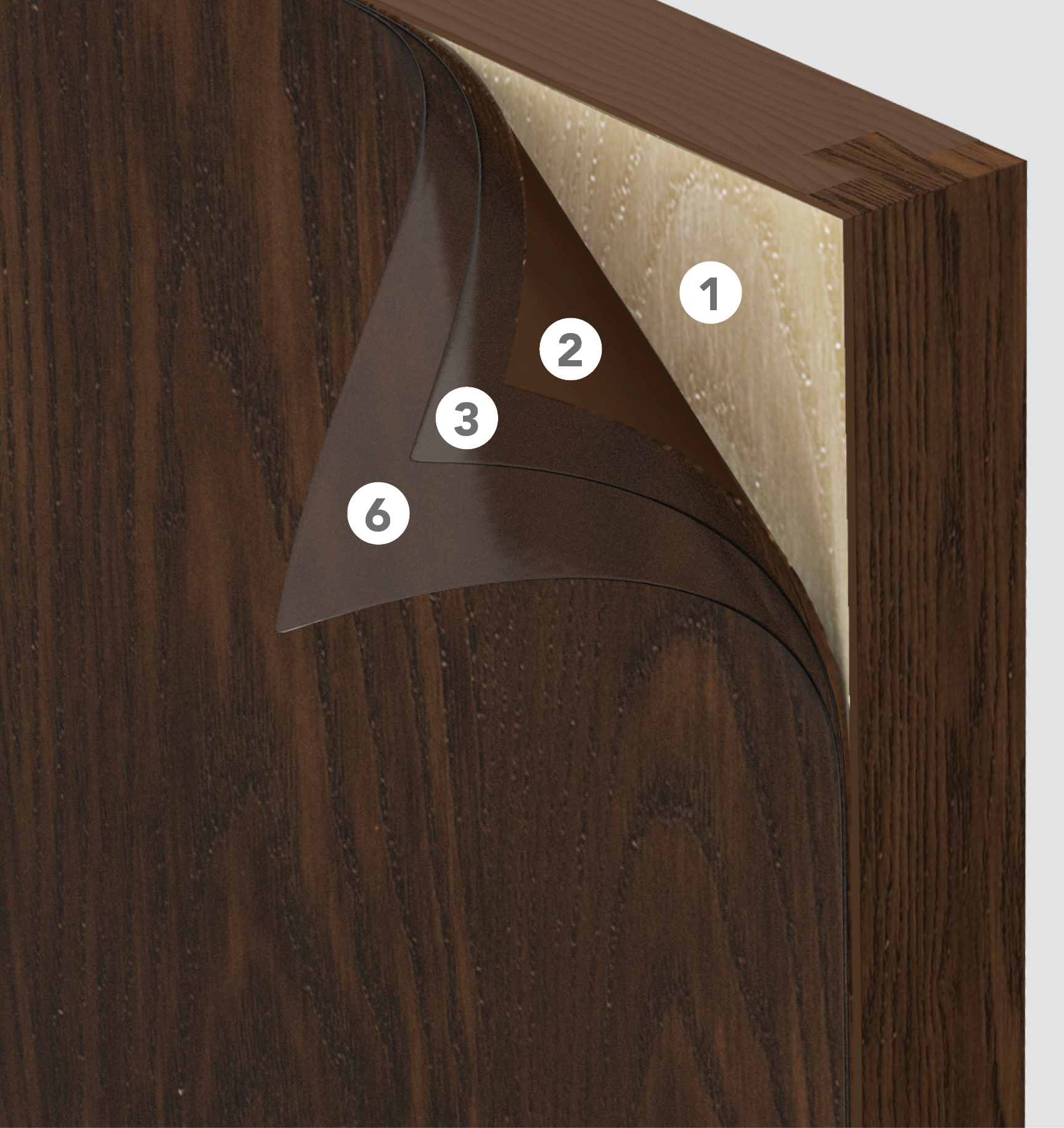Image showing breakaway layers of a ProVia® Signet® fiberglass stained front door illustrating the phases of the staining process