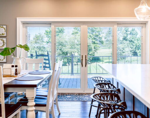 {Inside view of an Endure 4-lite sliding patio door in white with white internal blinds}