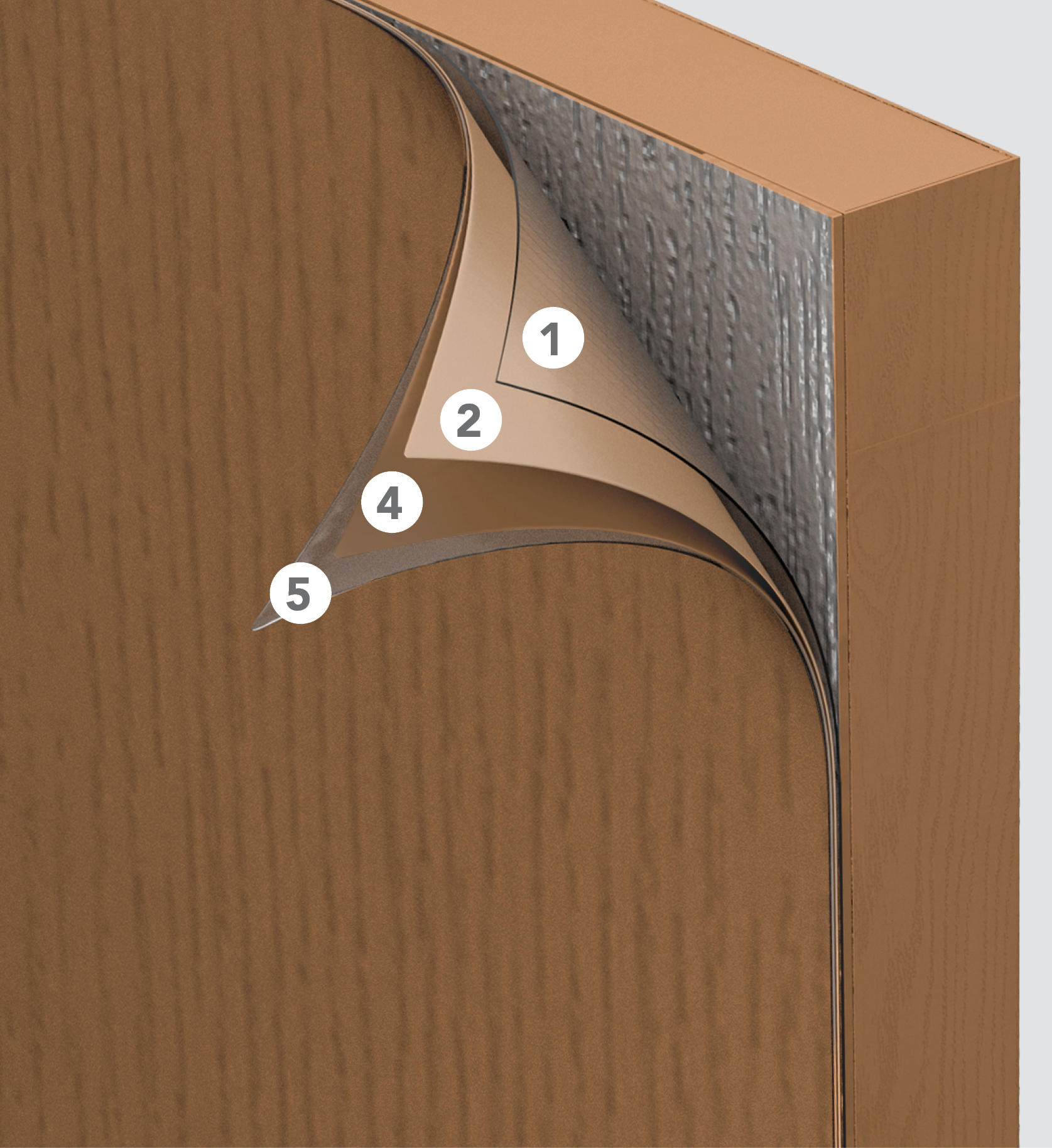 Image showing breakaway layers of a ProVia Legacy steel entry door illustrating the phases of the staining process for a stained front door