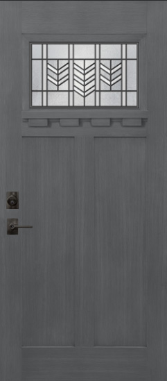Isolated image of an Signet 420DS fiberglass entry door in dark gray Nightfall paint with Tacoma decorative glass