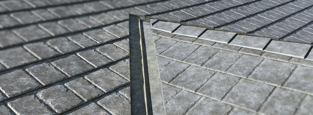 {Closeup of a roof with ProVia metal roofing in gray Ironstone Slate}