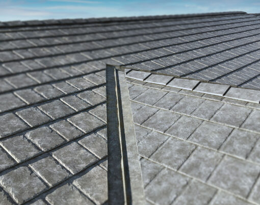Closeup of a roof with ProVia metal roofing in gray Ironstone Slate
