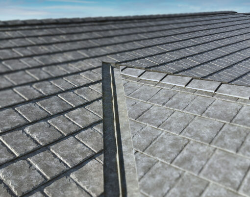 {Closeup of a roof with ProVia metal roofing in gray Ironstone Slate}