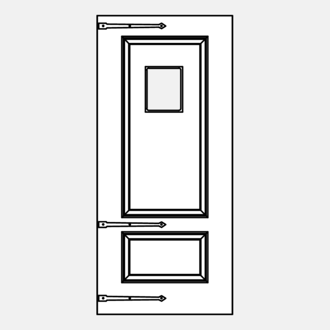 {Line art illustration of a ProVia 002-440 Entry Door with Speakeasy and Hinge Straps}