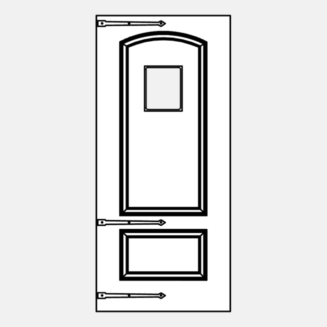 {Line art illustration of a ProVia 002C-449 style entry door with a speakeasy and hinge straps}