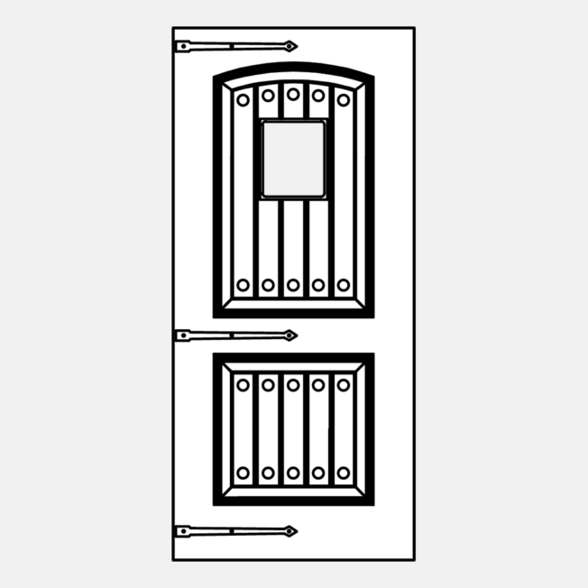 {Line art illustration of a ProVia 002CP-437 style entry door with a speakeasy and hinge straps}