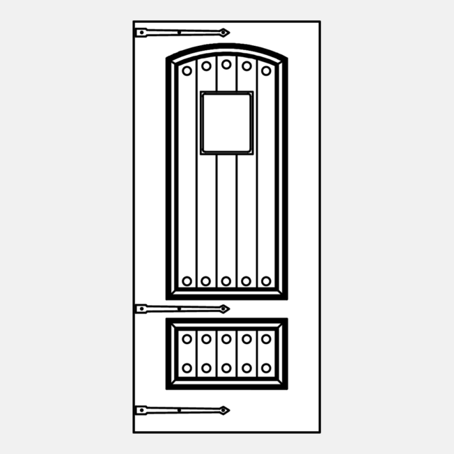 {Line art illustration of a ProVia 002CP-449 Entry Door with Speakeasy and Hinge Straps}