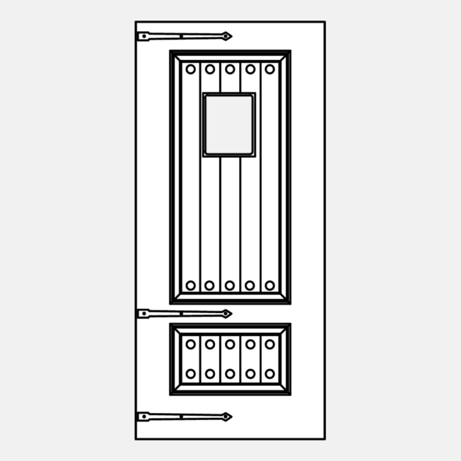 {Line art illustration of a ProVia 002P-440 Entry Door with Speakeasy and Hinge Straps}