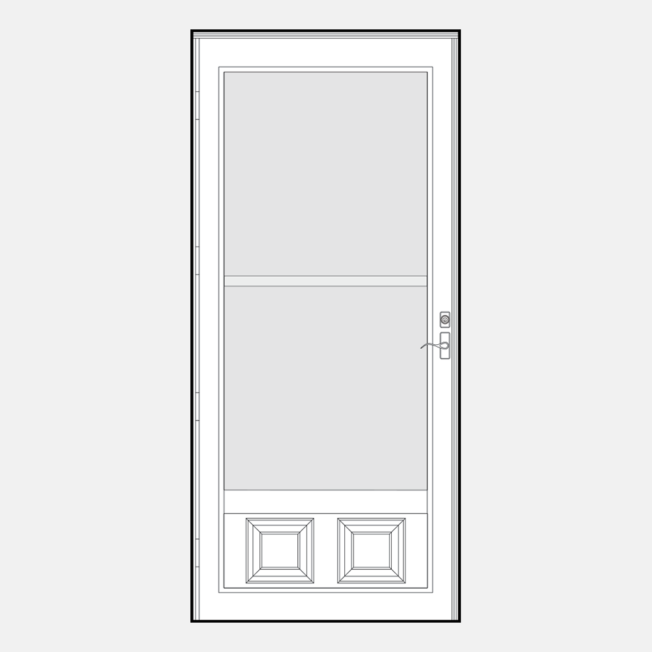 {Line art example of DuraGuard 099-M style heavy-duty screen doors}