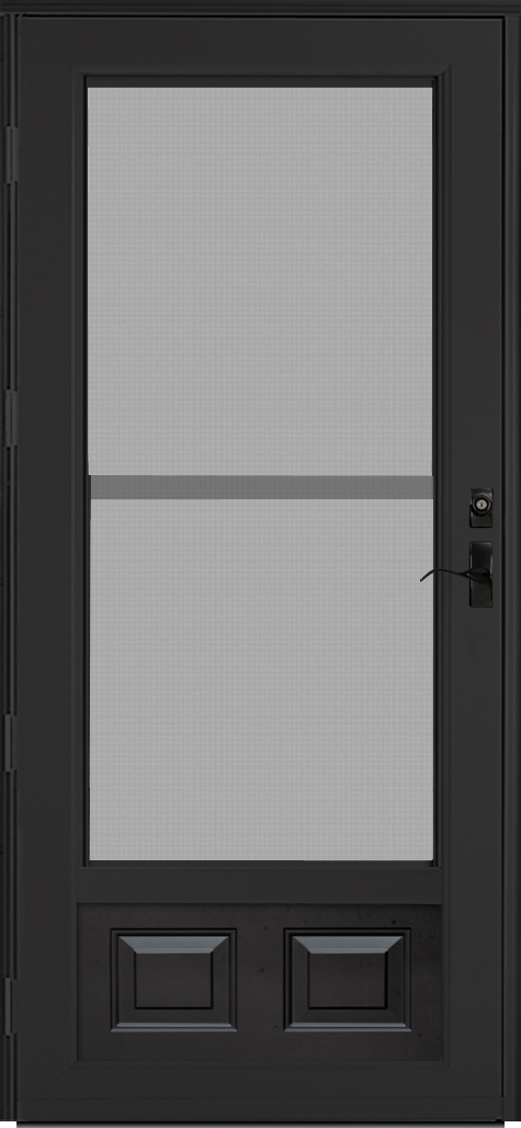 Isolated image of a black DuraGuard storm door, which comes with a heavy-duty, stainless steel screen with glass insert, example of a storm door with screen door