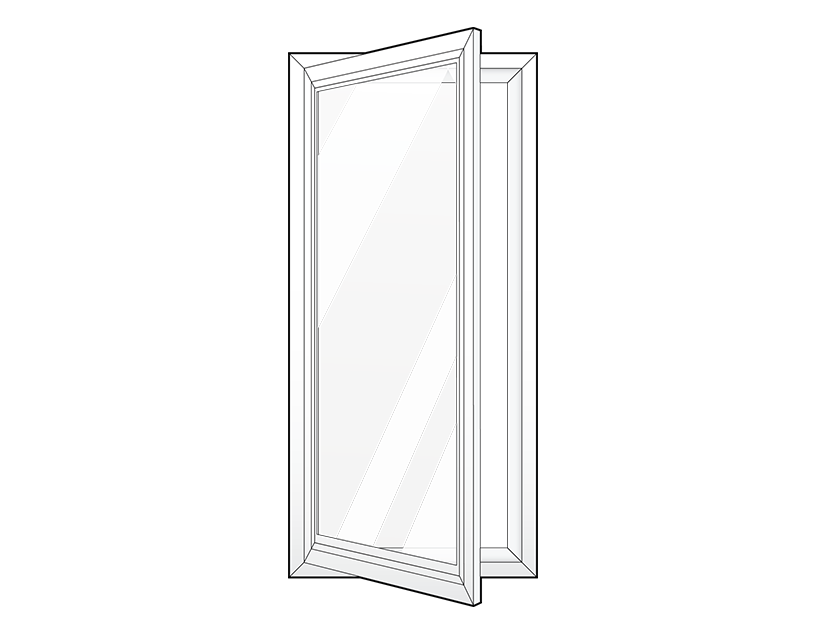 Line art example of ProVia's 1-lite casement windows with hinges on the left side