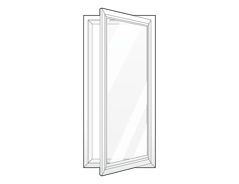 Line art example of ProVia's 1-lite casement windows with hinges on the right side