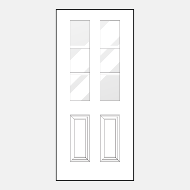 {Line art illustration of a ProVia 230DC-EG style entry door with external grids}