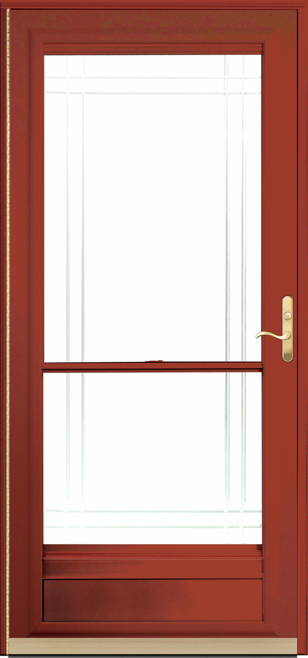 Isolated image of one of ProVia's Spectrum storm doors and retractable screen doors in red