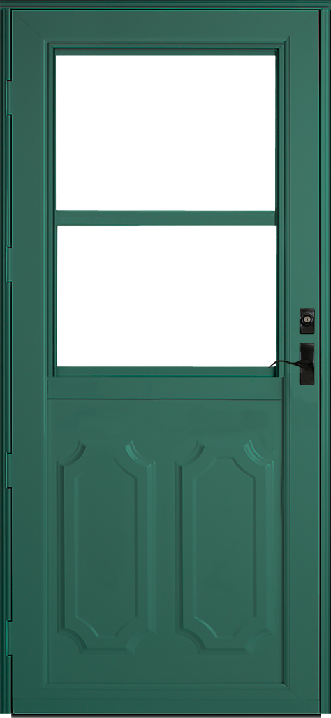 Isolated image of a green ProVia Deluxe storm door, which has both full and one-lite screen door options