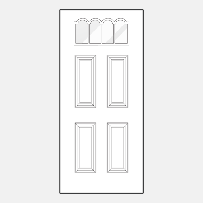 {Line art illustration of a ProVia 410DC-EG style entry door with external grids}