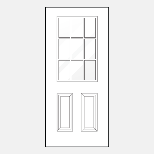 {Line art illustration of a ProVia 430DC-EG style entry door with external grids}