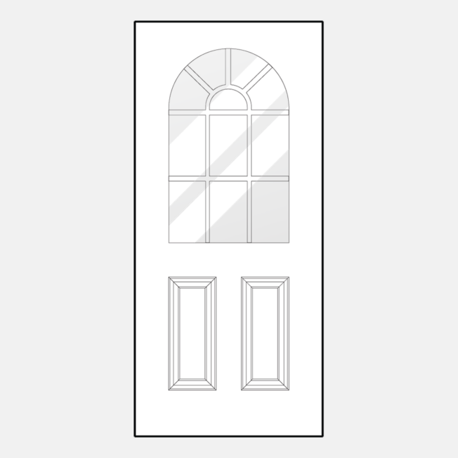 {Line art illustration of a ProVia 439DC-EG style entry door with external grids}