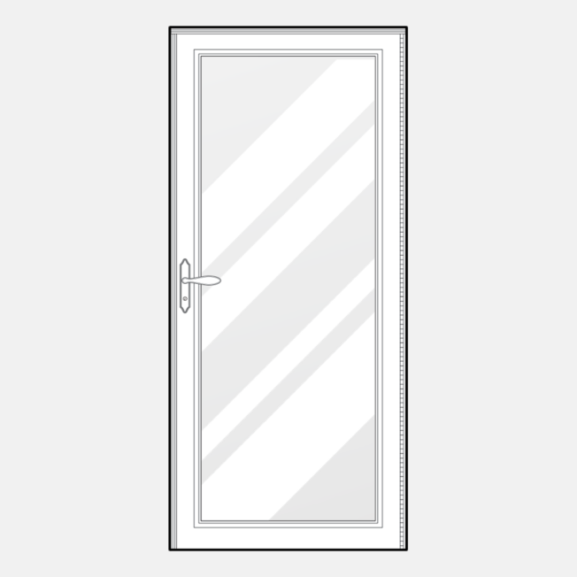 Line art of a ProVia 590 style Decorator full glass decorative storm door