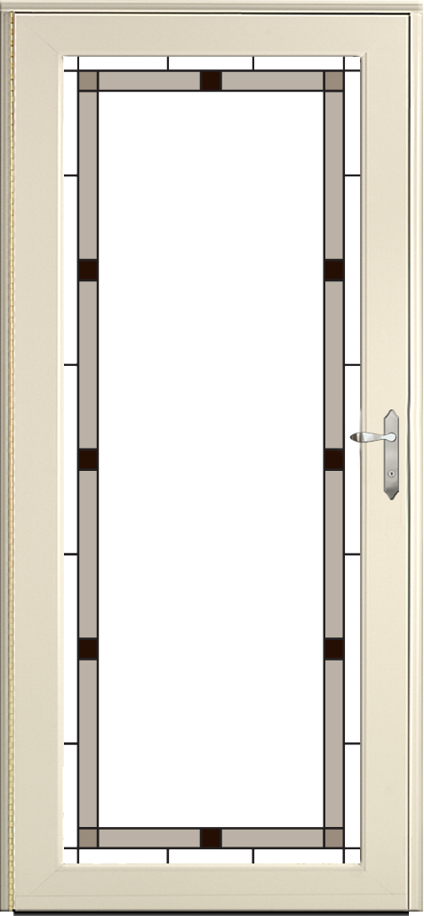 Illustration of a ProVia Decorator 590 style full glass storm door, considered a decorative storm door with a decorative glass style around the outer edges of the glass