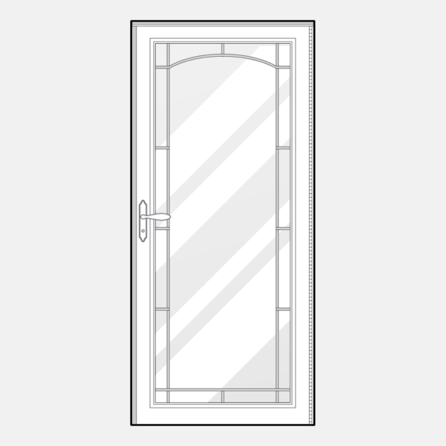 Line art of a ProVia Decorator full glass decorative storm door style 591