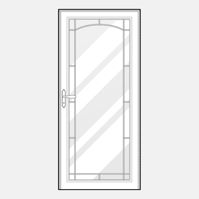 {Line art of a ProVia Decorator full glass decorative storm door style 591}