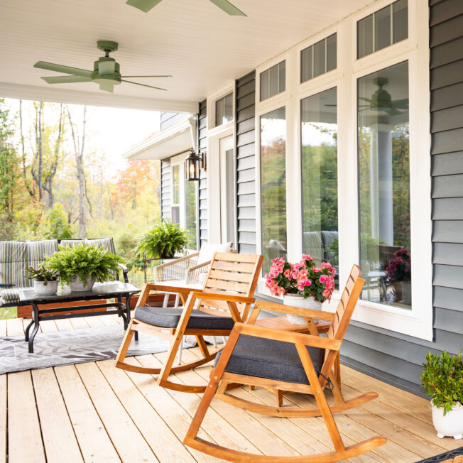 {ProVia Aspect white casement windows on a front porch}
