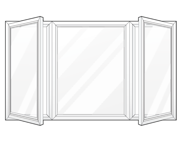 Line art example of ProVia's 3-lite casement windows with the center being larger (half the total window width) and the two sides each being a quarter of the width