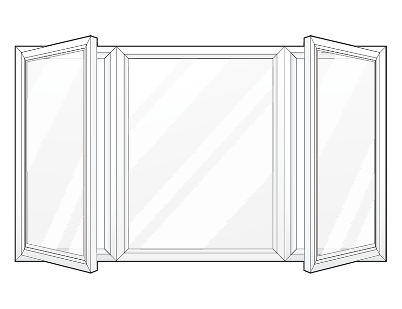 Line art example of ProVia's 3-lite casement windows with the center being larger (half the total window width) and the two sides each being a quarter of the width