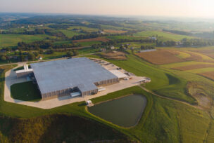 {Beautiful, scenic aerial view of the entrance of the ProVia® Cherry Ridge Manufactured Stone Facility}
