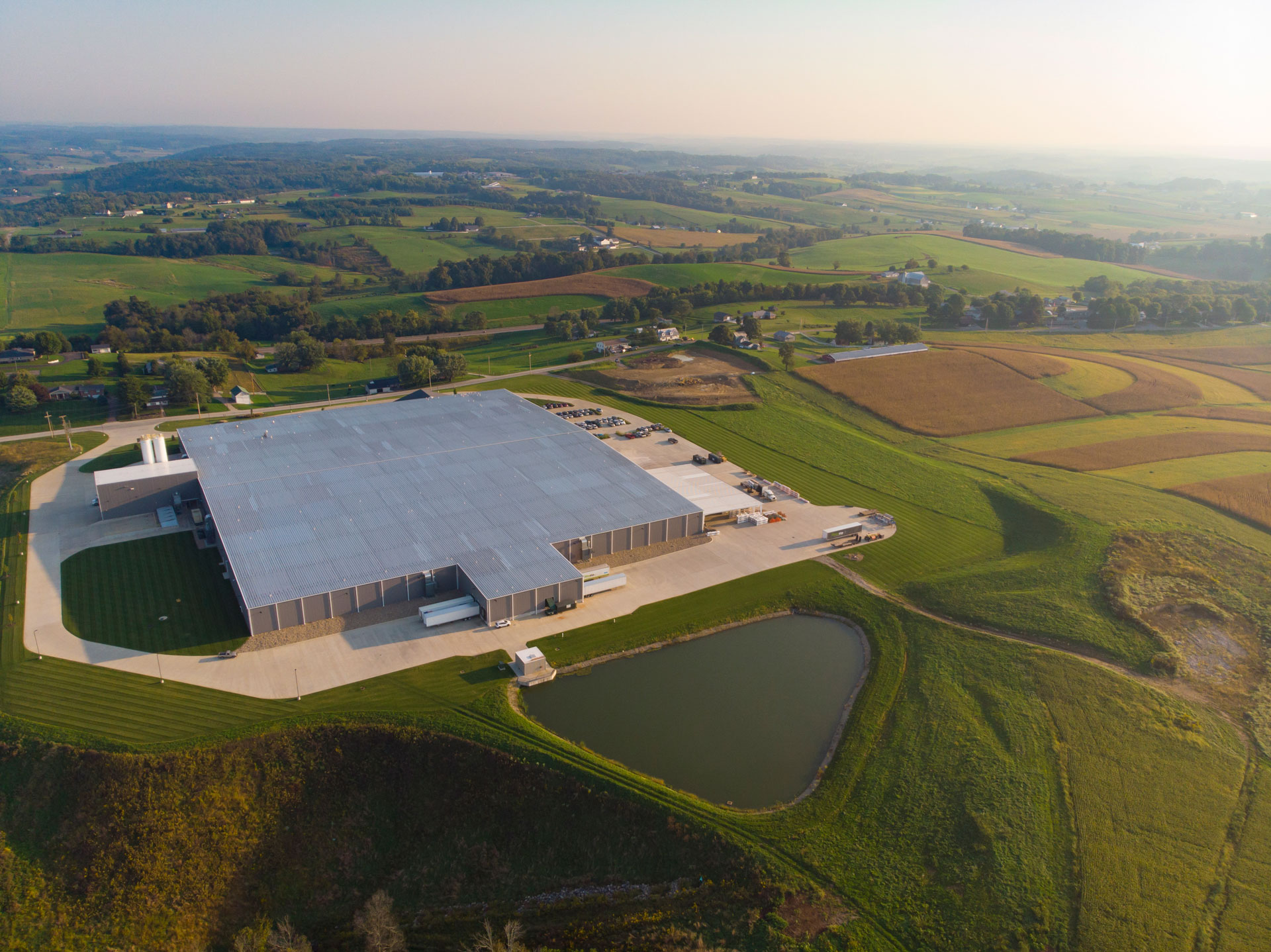 Beautiful, scenic aerial view of the entrance of the ProVia® Cherry Ridge Manufactured Stone Facility