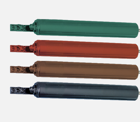 Isolated image of four different color-matched dual storm door closers