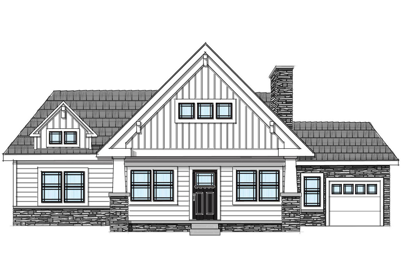 Illustration of a Craftsman-style home featuring Craftsman windows and a Craftsman style front door