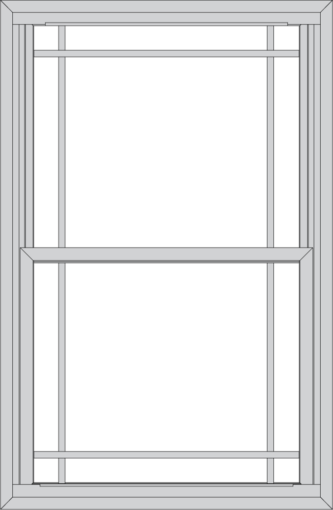 {Grayscale illustration of a ProVia double hung window with prairie-style grids on the top and bottom window panes.}