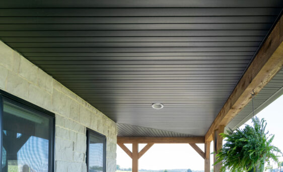{Universal vinyl soffit in Coal Black provides a dramatic, black soffit option}