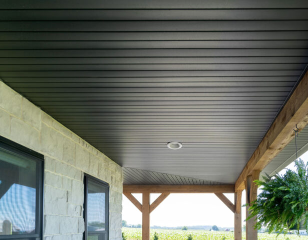 Universal vinyl soffit in Coal Black provides a dramatic, black soffit option