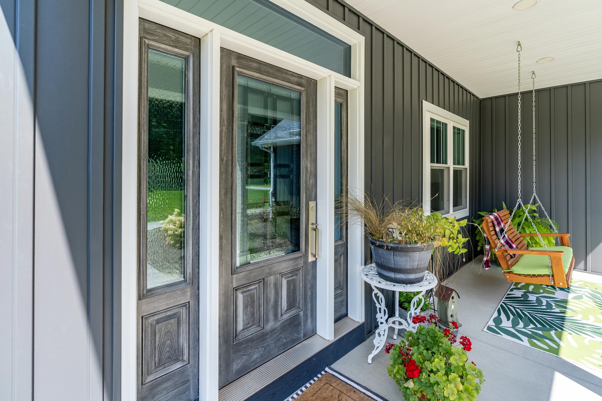 Embarq® Entry Door in Dutch Gray Glaze with Laurence Decorative Glass
