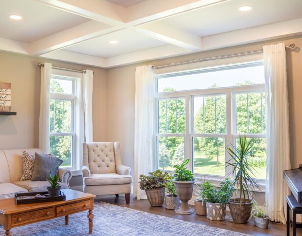 {Inside view of Endure double hung windows in white with transoms}