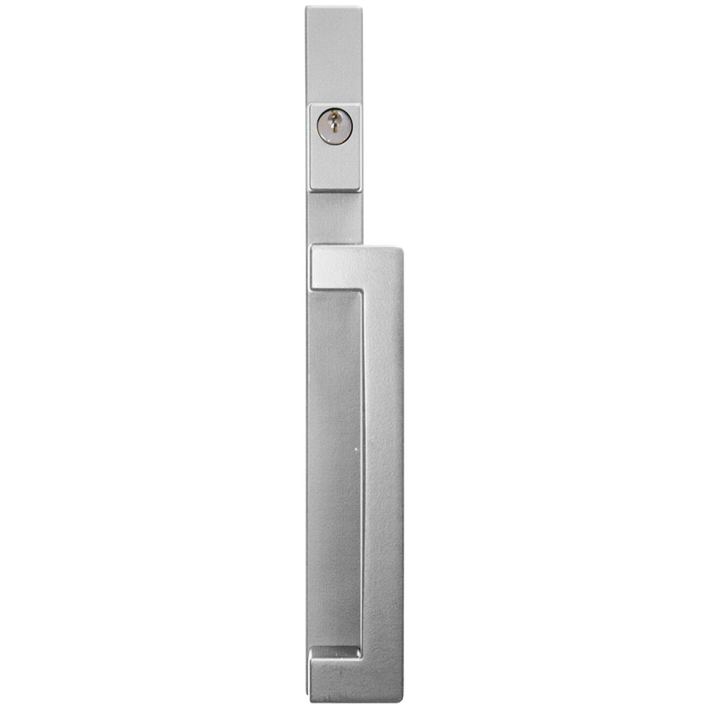 Isolated image showing ProVia Endure™ Modern Keyed Patio Door Hardware in Satin Nickel