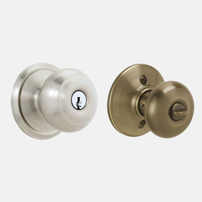 {Schlage® Classic Georgian Keyed Lockset in Satin Nickel Exterior/Antique Brass Interior}