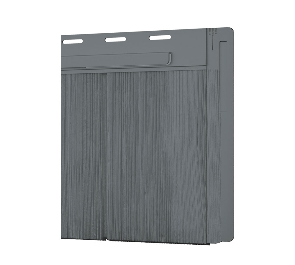 Closeup of a Harbor Mill shake profile in the dark gray color Myst Gray