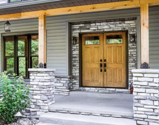 {Legacy™ 420-4P French Entry Doors with Dark Oak Stain, example of a woodgrain steel stained front door}