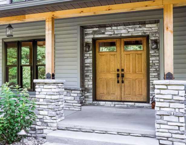 {Legacy™ 420-4P French Entry Doors with Dark Oak Stain, example of a woodgrain steel stained front door}