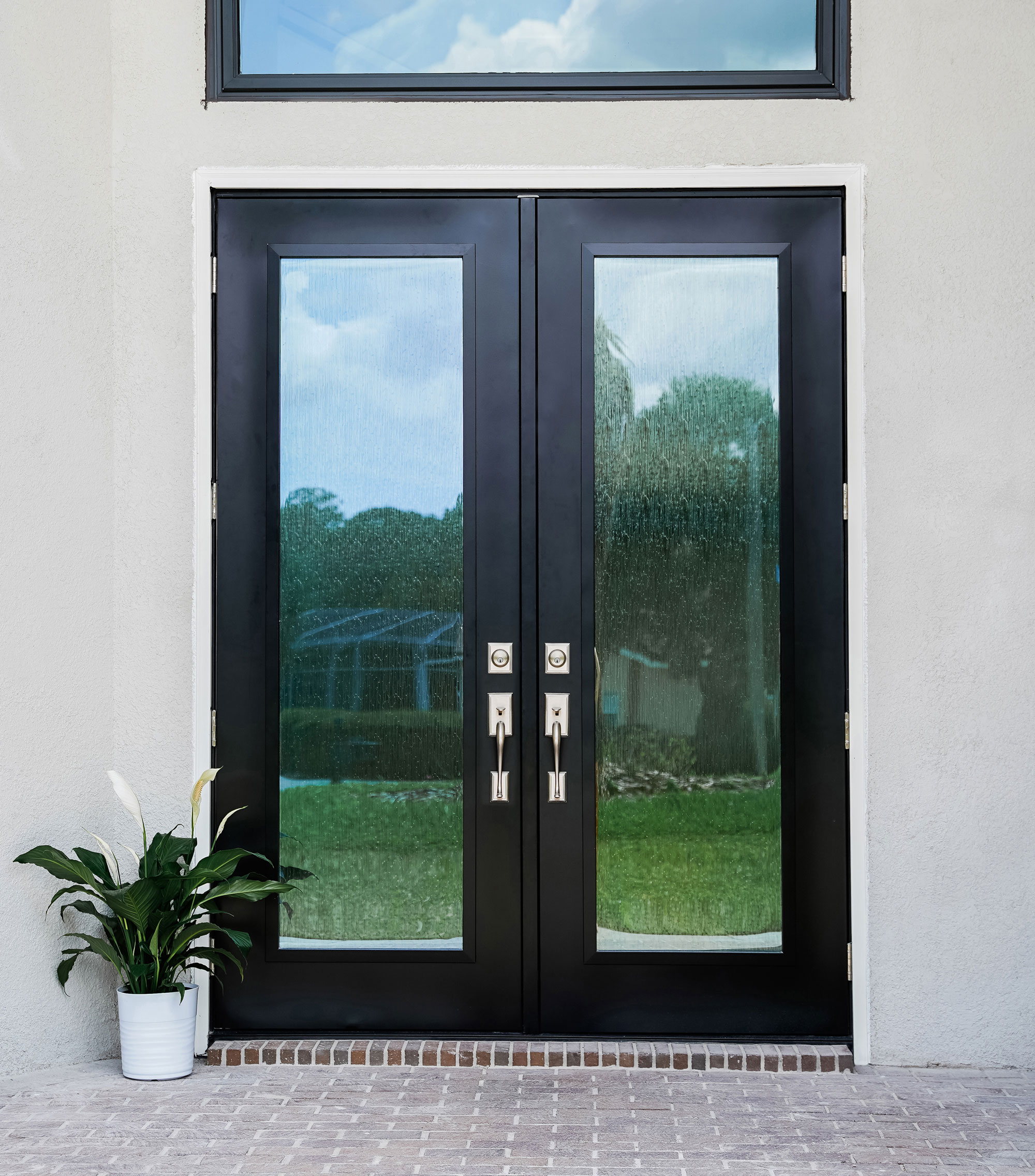 Legacy™ 460 Steel 8' French Doors in Coal Black with Waterfall Privacy Glass