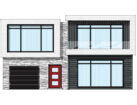 Illustration of a modern style house featuring an example of one of ProVia's modern front door styles in bright Vallis Red, modern windows in Black, and manufactured stone