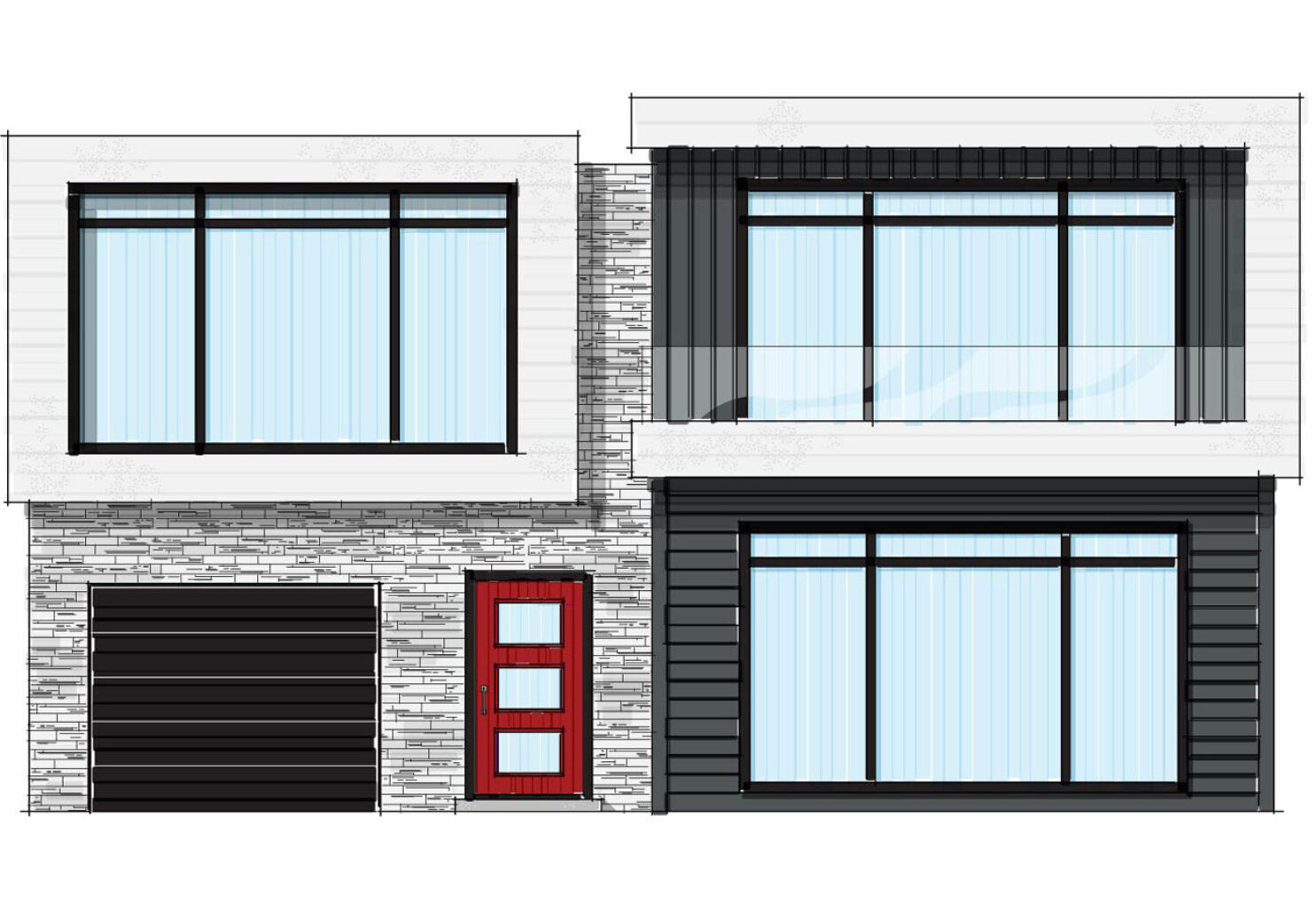 Illustration of a modern style house featuring an example of one of ProVia's modern front door styles in bright Vallis Red, modern windows in Black, and manufactured stone