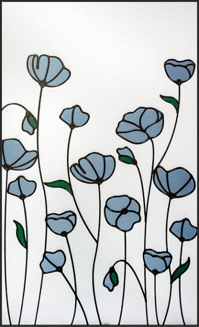 Isolated view of ProVia Poppy Art Glass doors option featuring a medium blue poppy design