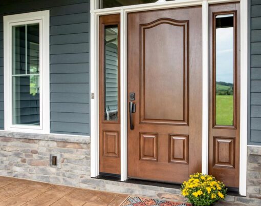 {Signet fiberglass door in mahogany skin, example of colors of front doors featuring medium brown Hazelnut stain; front doors with sidelites and transom}